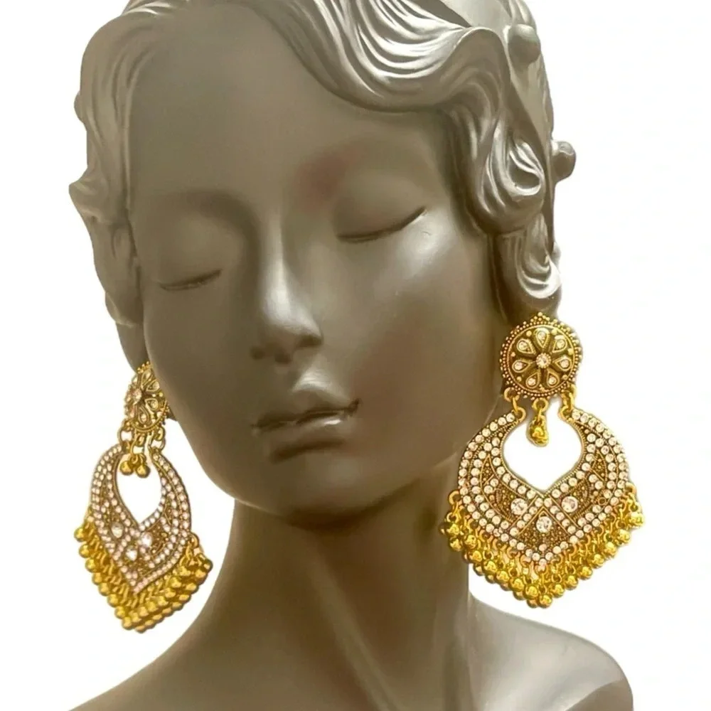 New! Ethnic Gold Earrings Trendy Women Girl Stylish Pakistani Indian Jewellery - Picture 1 of 6